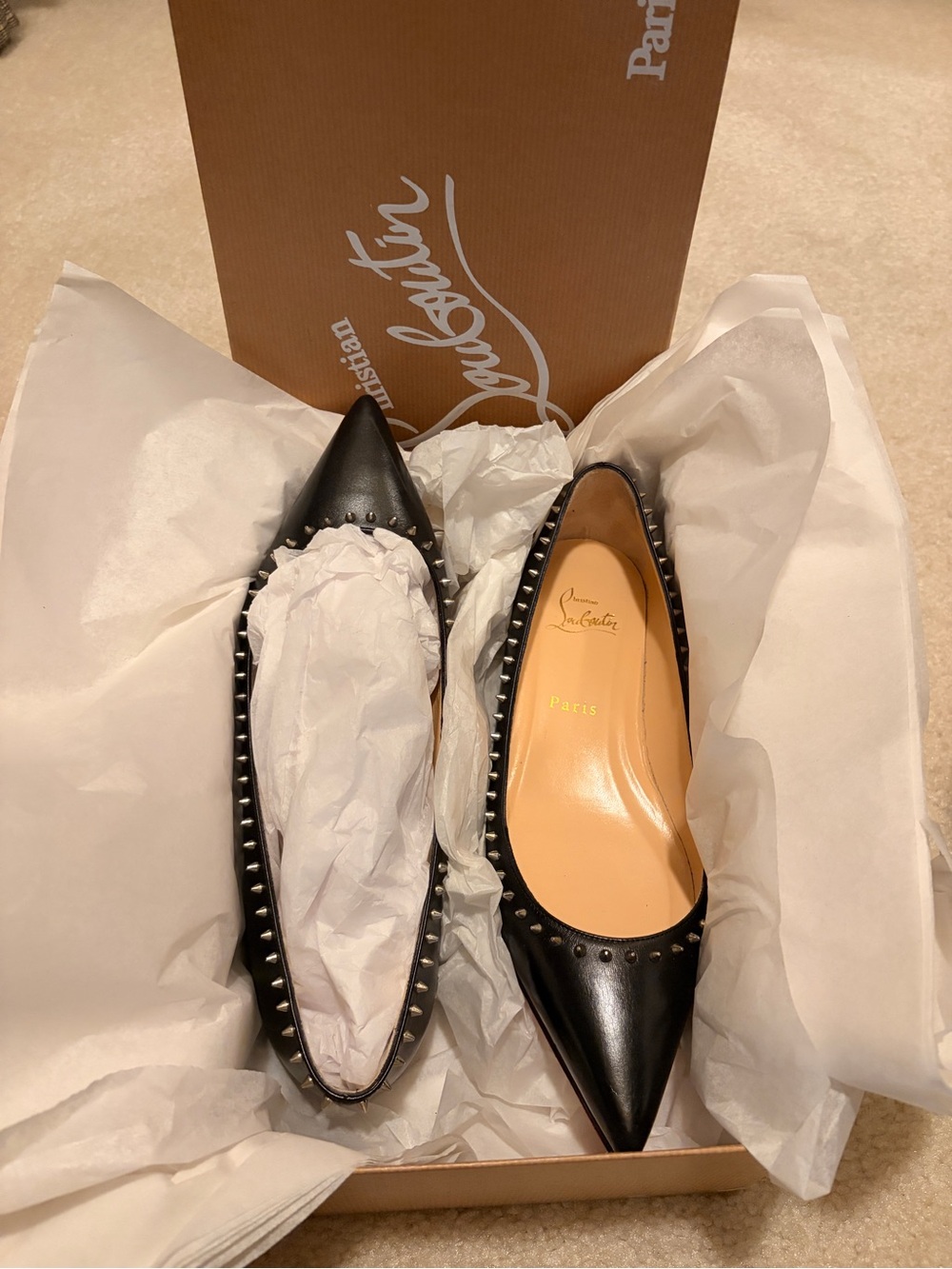 Christian Louboutin Black Pointed Leather Studded Flats - Women's